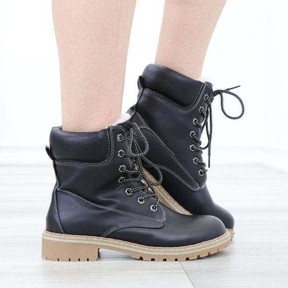 Sherpa Lined Woman's Faux Leather Lug-Sole Combat Ankle Boots - Picture 8 of 13